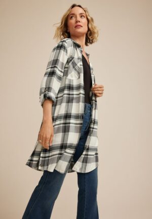Gray Plaid Button Down Duster Shirt