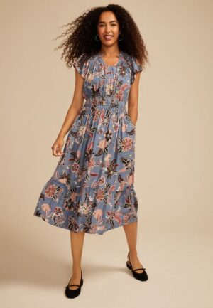 Smocked Tiered Floral Print Midi Dress