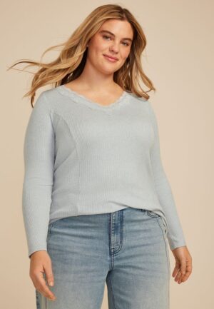 Plus Size Cozy Lace Trim V Neck Top