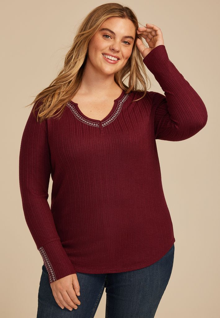 Plus Size Embroidered Notch Neck Ribbed Long Sleeve Tee