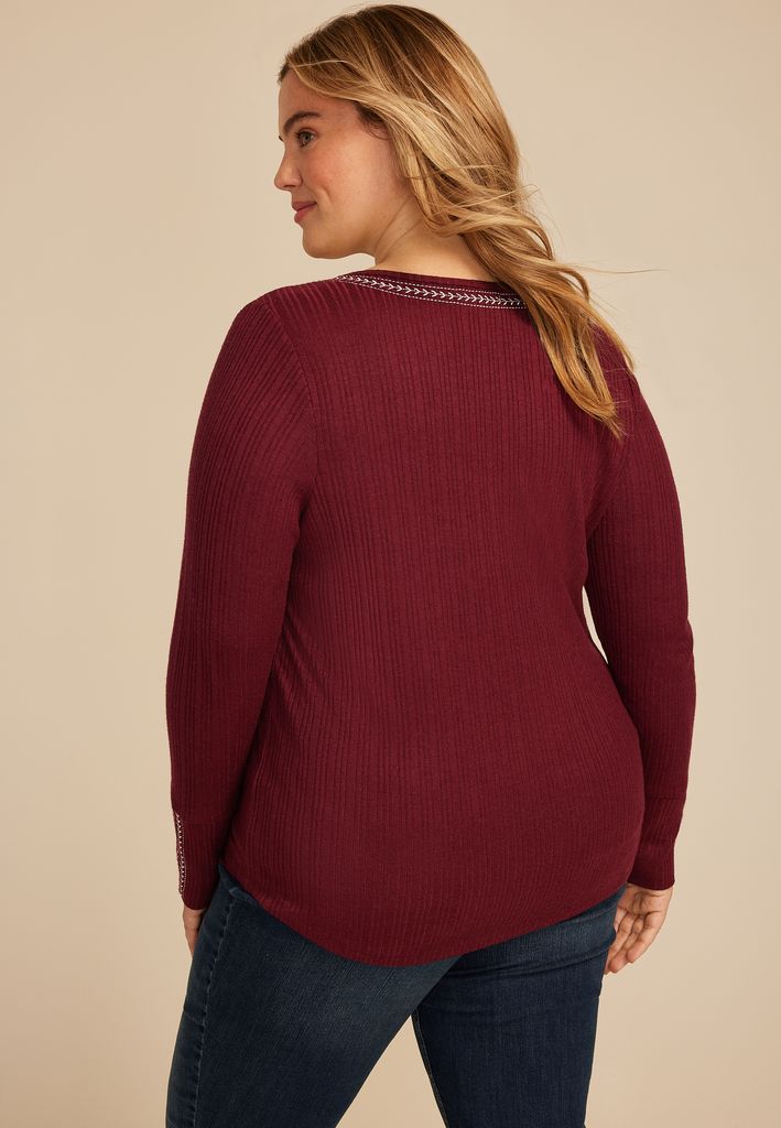 Plus Size Embroidered Notch Neck Ribbed Long Sleeve Tee - Image 2