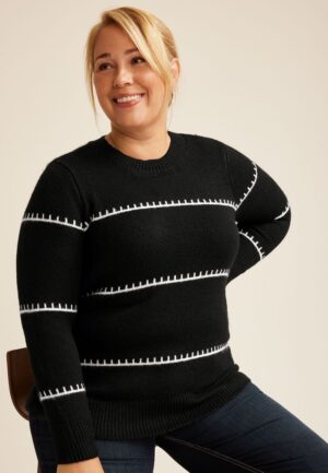 Plus Size Faux Whipstitch Colorblock Knit Crewneck Sweater