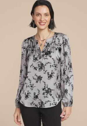 Gray Satin Floral Print Blouse