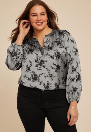 Plus Size Gray Satin Floral Print Blouse