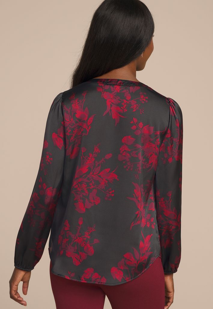 Black Satin Floral Print Blouse - Image 2