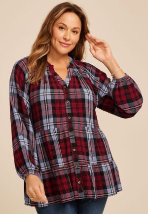 Plus Size Plaid Tiered Button Front Blouse