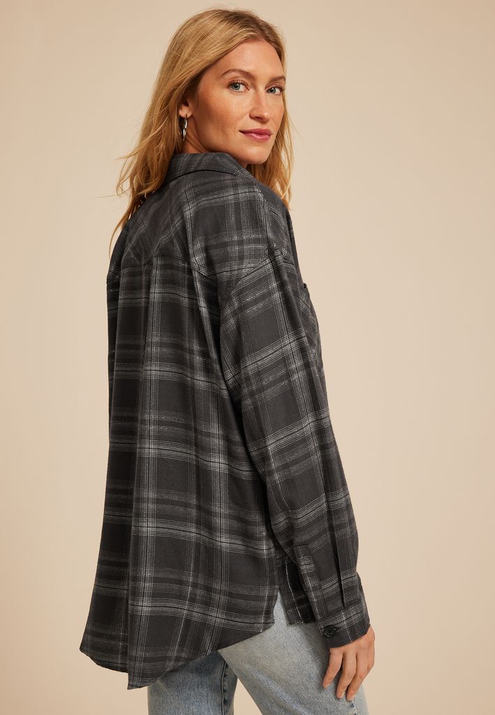 Metallic Plaid Boyfriend Tunic Button Down Shirt - Image 2
