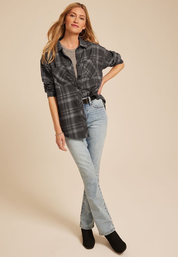 Metallic Plaid Boyfriend Tunic Button Down Shirt - Image 3