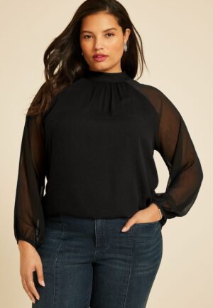 Plus Size Mock Neck Long Sheer Sleeve Blouse