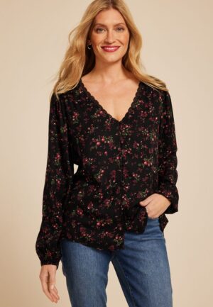 Floral V Neck Lace Button Front Blouse