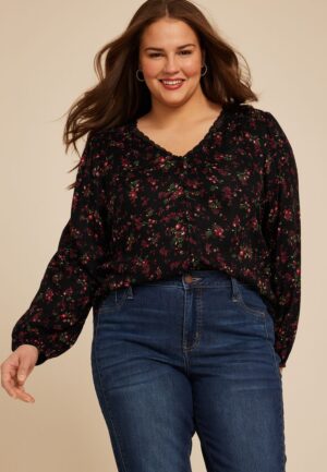 Plus Size Floral V Neck Lace Button Front Blouse