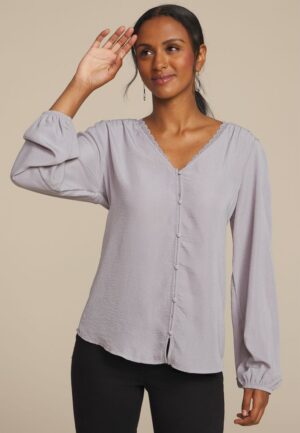 V Neck Lace Button Front Blouse