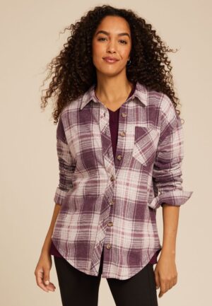Plush Knit Plaid Boyfriend Button Down Shirt