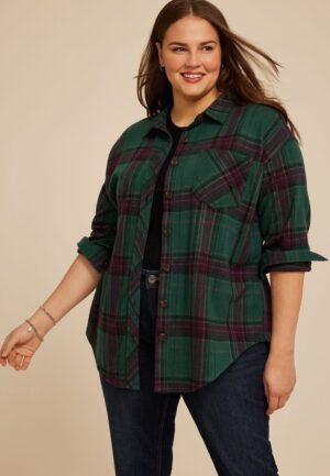 Plus Size Plush Knit Plaid Boyfriend Button Down Shirt