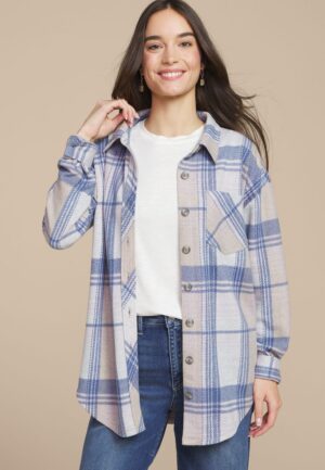 Plush Knit Blue Plaid Boyfriend Button Down Shirt