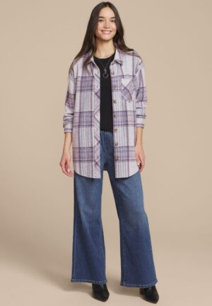 Plush Knit Purple Plaid Boyfriend Button Down Shirt