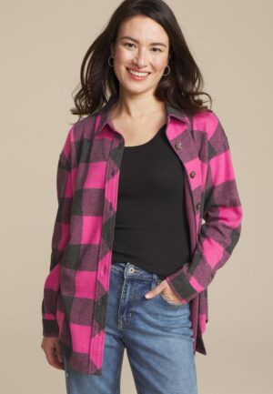 Plush Knit Buffalo Plaid Boyfriend Button Down Shirt