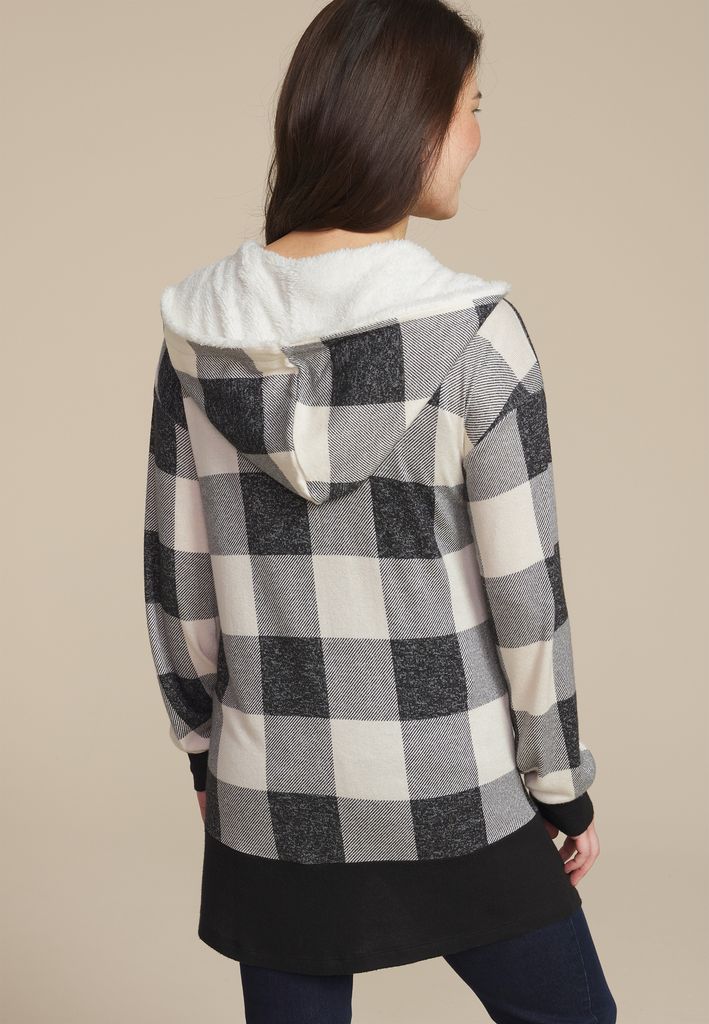 Buffalo Plaid Sherpa Lined Hood Cardigan - Image 2