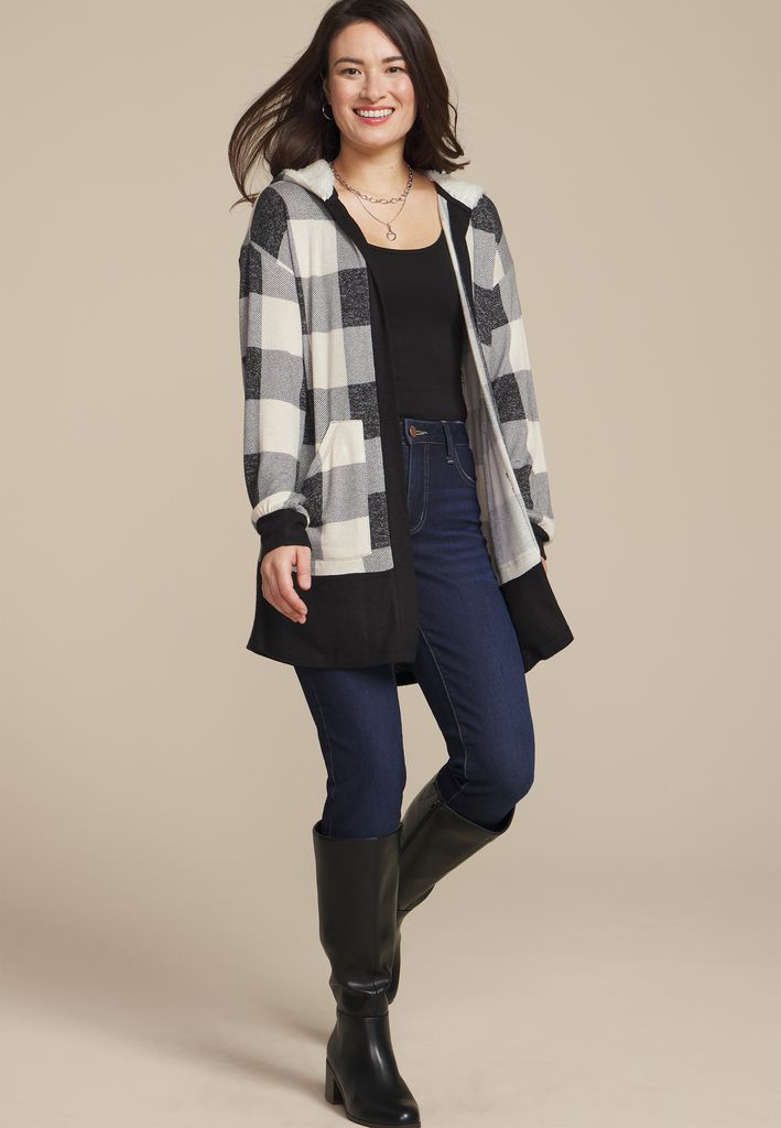 Buffalo Plaid Sherpa Lined Hood Cardigan - Image 3