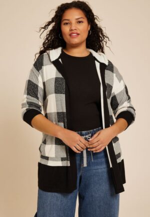 Plus Size Buffalo Plaid Sherpa Lined Hood Cardigan