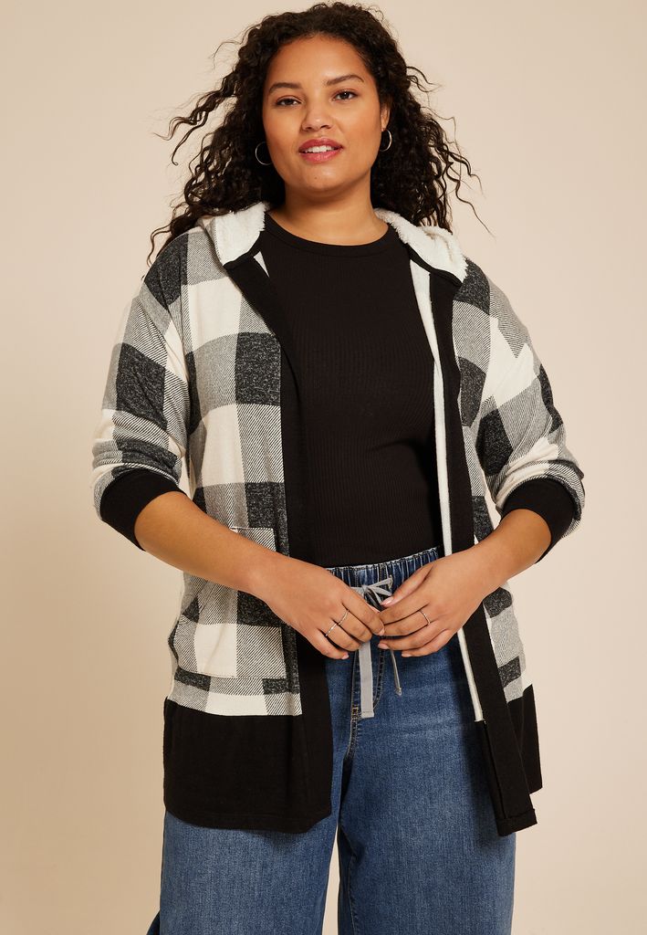 Plus Size Buffalo Plaid Sherpa Lined Hood Cardigan