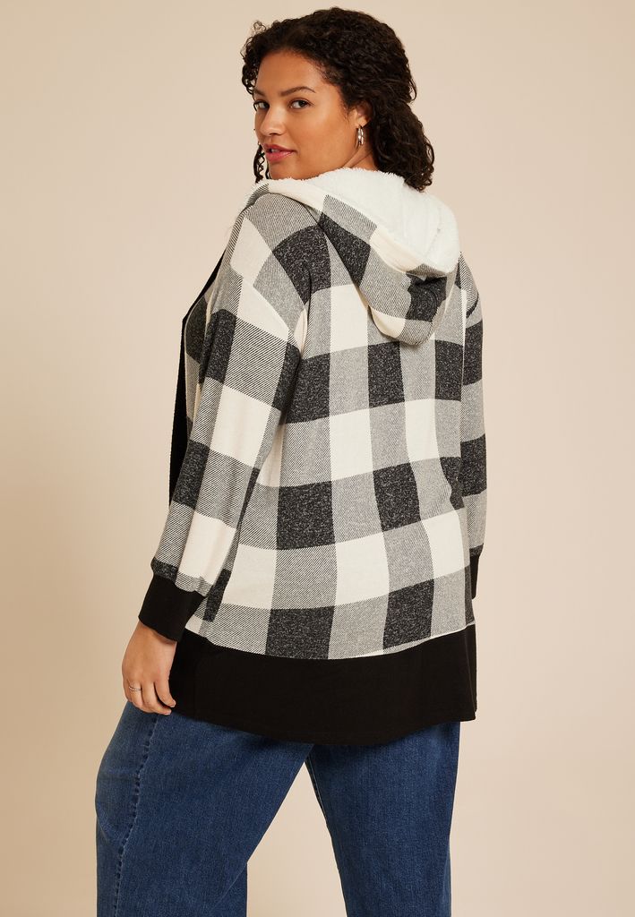 Plus Size Buffalo Plaid Sherpa Lined Hood Cardigan - Image 2