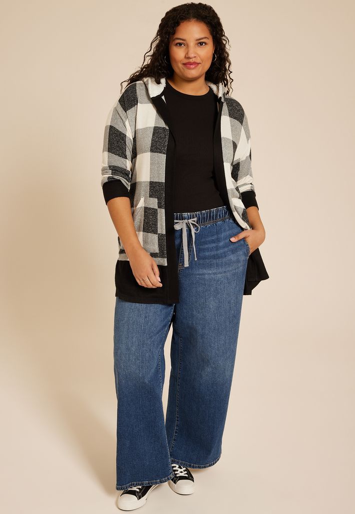 Plus Size Buffalo Plaid Sherpa Lined Hood Cardigan - Image 3