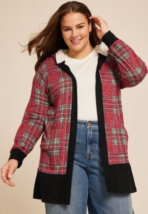 Plus Size Buffalo Plaid Sherpa Lined Hood Cardigan