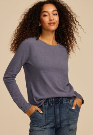 Solid Long Sleeve Snap Button Cuff Top