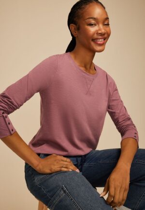 Solid Long Sleeve Snap Button Cuff Top