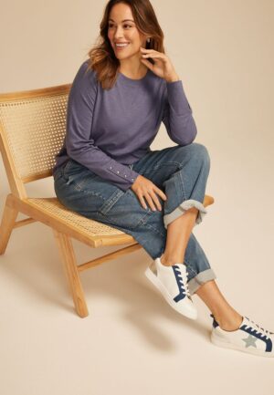 Plus Size Solid Long Sleeve Snap Button Cuff Top