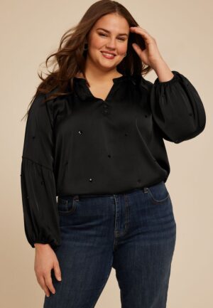 Plus Size Sequin Embellished Balloon Sleeve Blouse