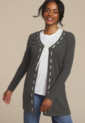 Ribbed Bow Front Tie Cardigan