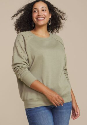 Plus Size Olive Embroidered Star Shoulder Sweatshirt