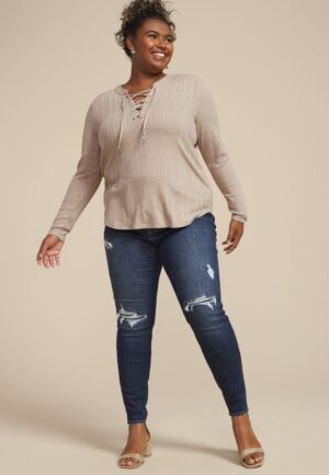 Plus Size Heathered Variegated Lace Up Top