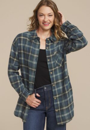 Cabin Plaid Boyfriend Tunic Button Down Shirt