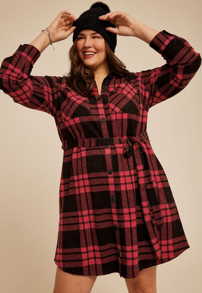 Plus Size Buffalo Plaid Belted Shirt Dress