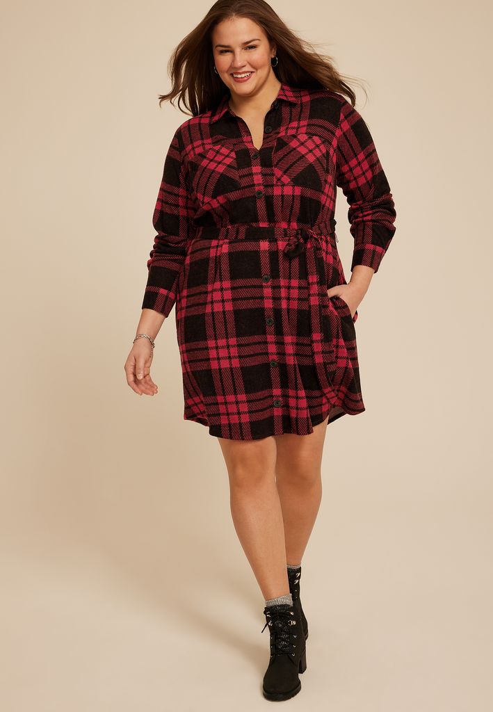 Plus Size Buffalo Plaid Belted Shirt Dress - Image 3