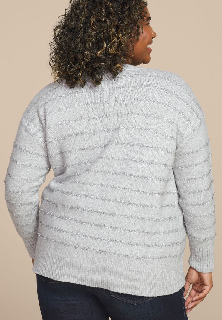 Plus Size Tinsel Striped Eyelash Open Front Cardigan - Image 2