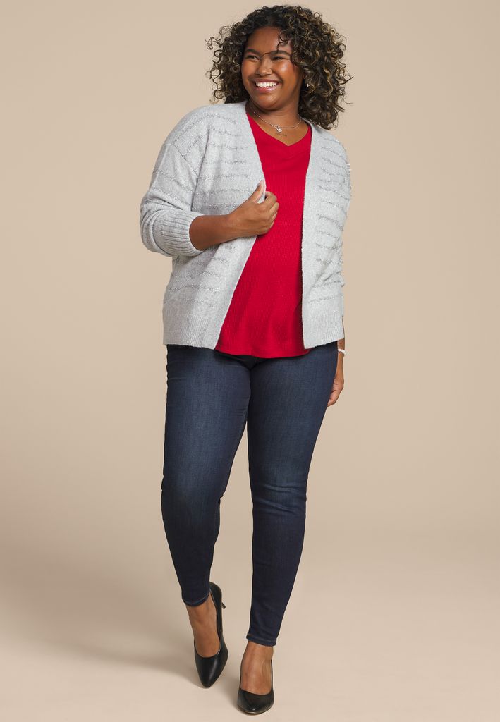 Plus Size Tinsel Striped Eyelash Open Front Cardigan - Image 3