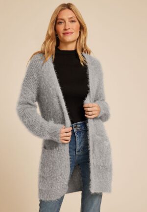 Eyelash Open Front Long Cardigan