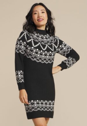 Fair Isle Mock Neck Mini Sweater Dress