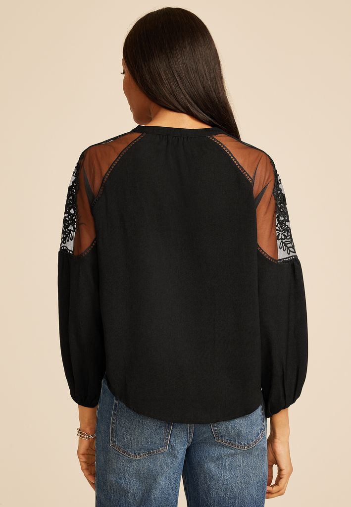 Studio Y Floral Embroidered Sheer Yoke Peasant Blouse - Image 2