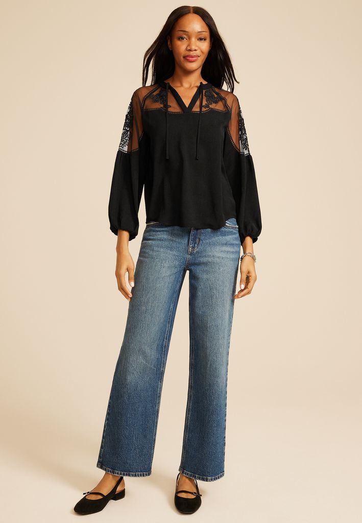 Studio Y Floral Embroidered Sheer Yoke Peasant Blouse - Image 3