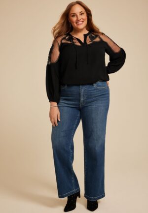 Plus Size Studio Y Floral Embroidered Sheer Yoke Peasant Blouse