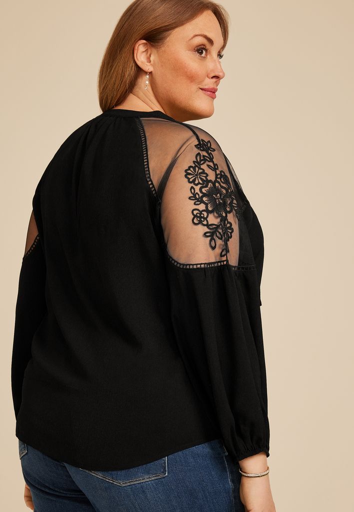 Plus Size Studio Y Floral Embroidered Sheer Yoke Peasant Blouse - Image 2
