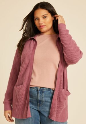 Plus Size Cozy Waffle Zip Jacket