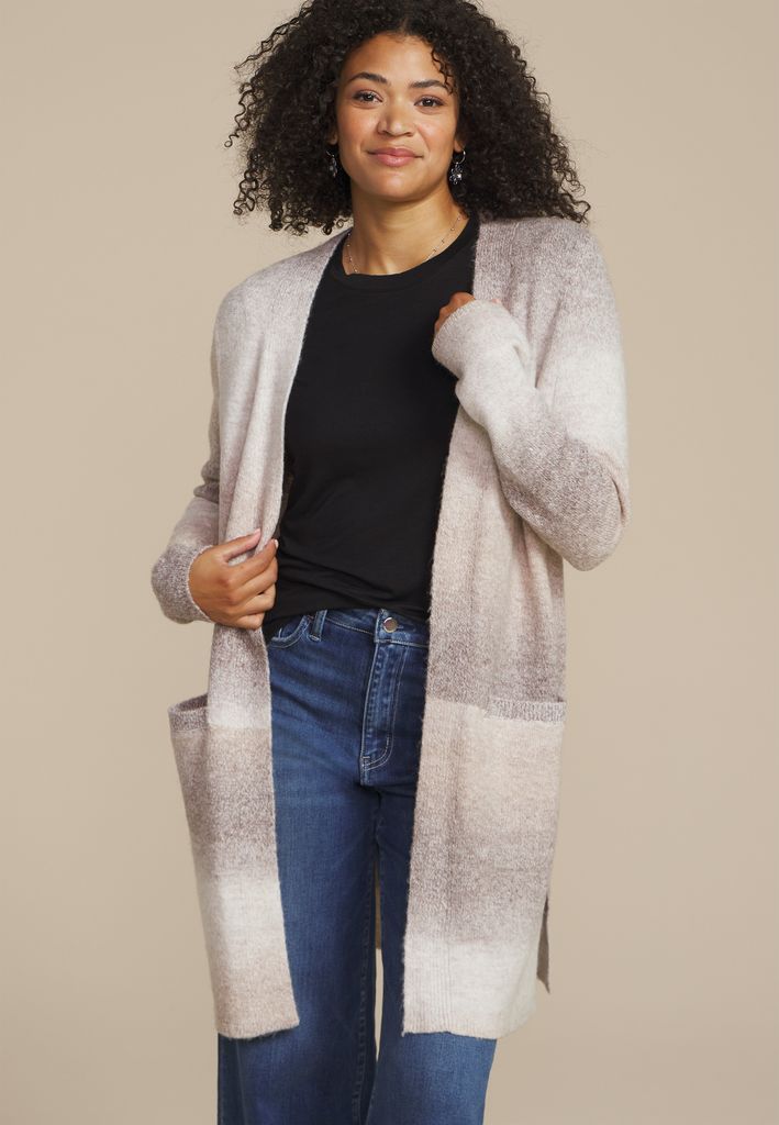 Neutral Striped Space Dye Open Front Duster Cardigan