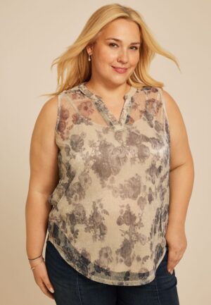 Plus Size Atwood Sheer Metallic Floral Tank Top