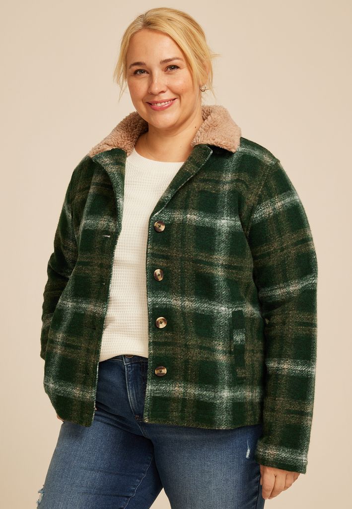 Plus Size Green Plaid Sherpa Collar Jacket
